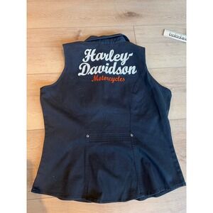 Harley Davidson Womens Black Cotton Zip Up Vest Embroidered Back Large Biker Top